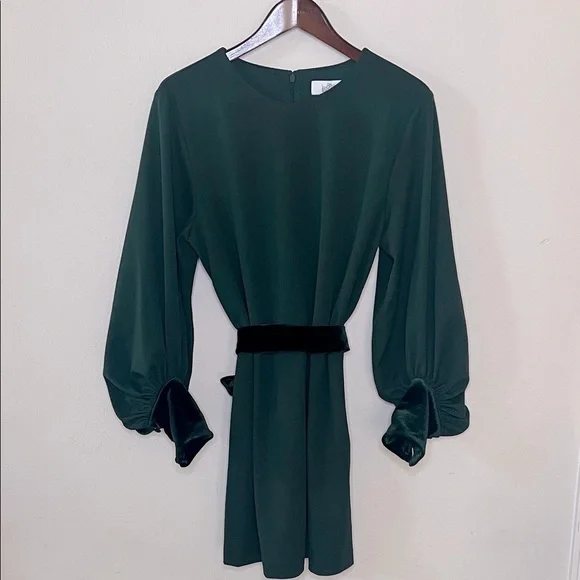 green emerald velvet dress Badgley Mischka V-Neckline Puffed Sleeves Beaded Shoulders Cinched Bel –  Curated Brands